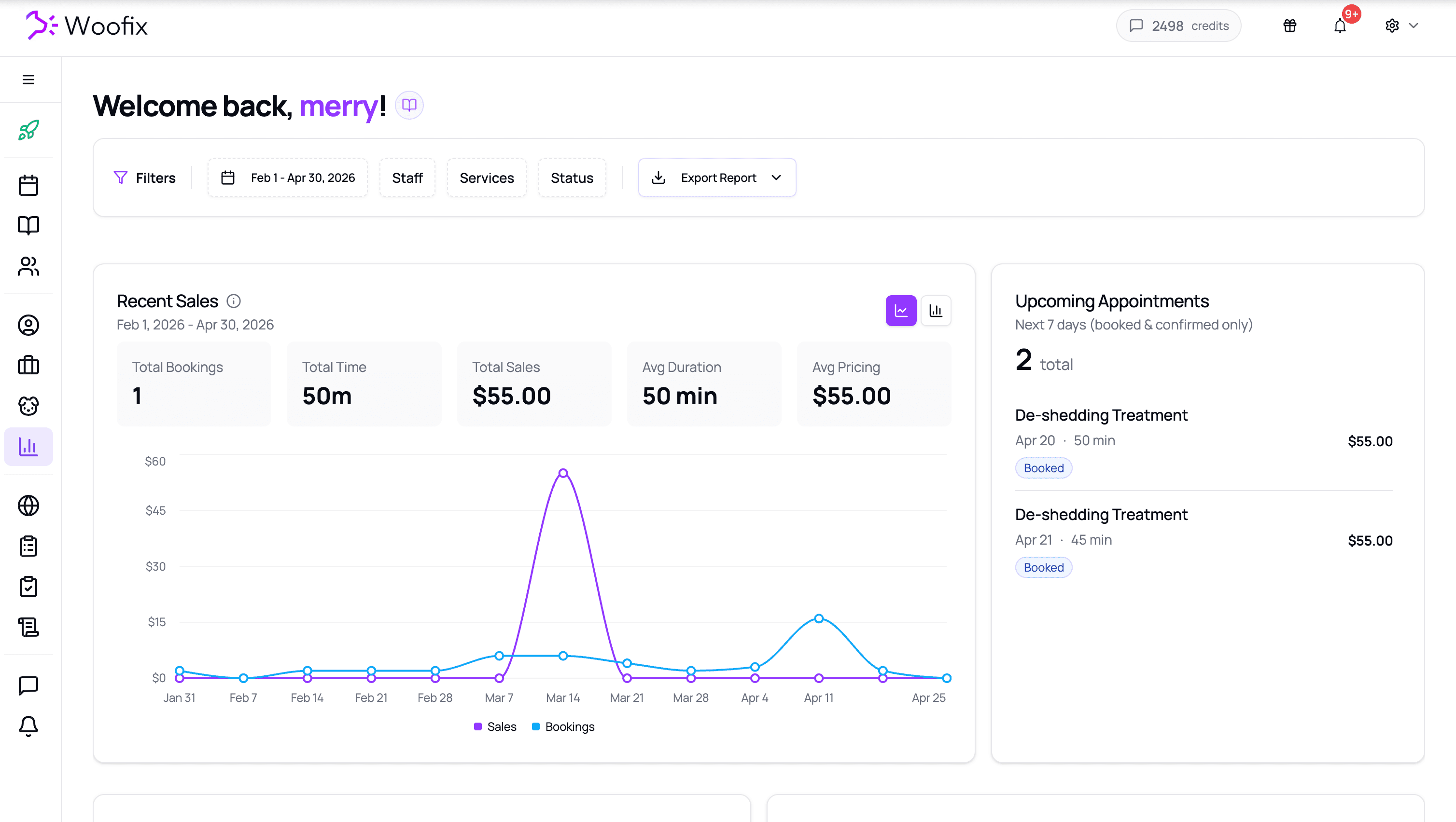 Dashboard with revenue, bookings, top services, and team performance