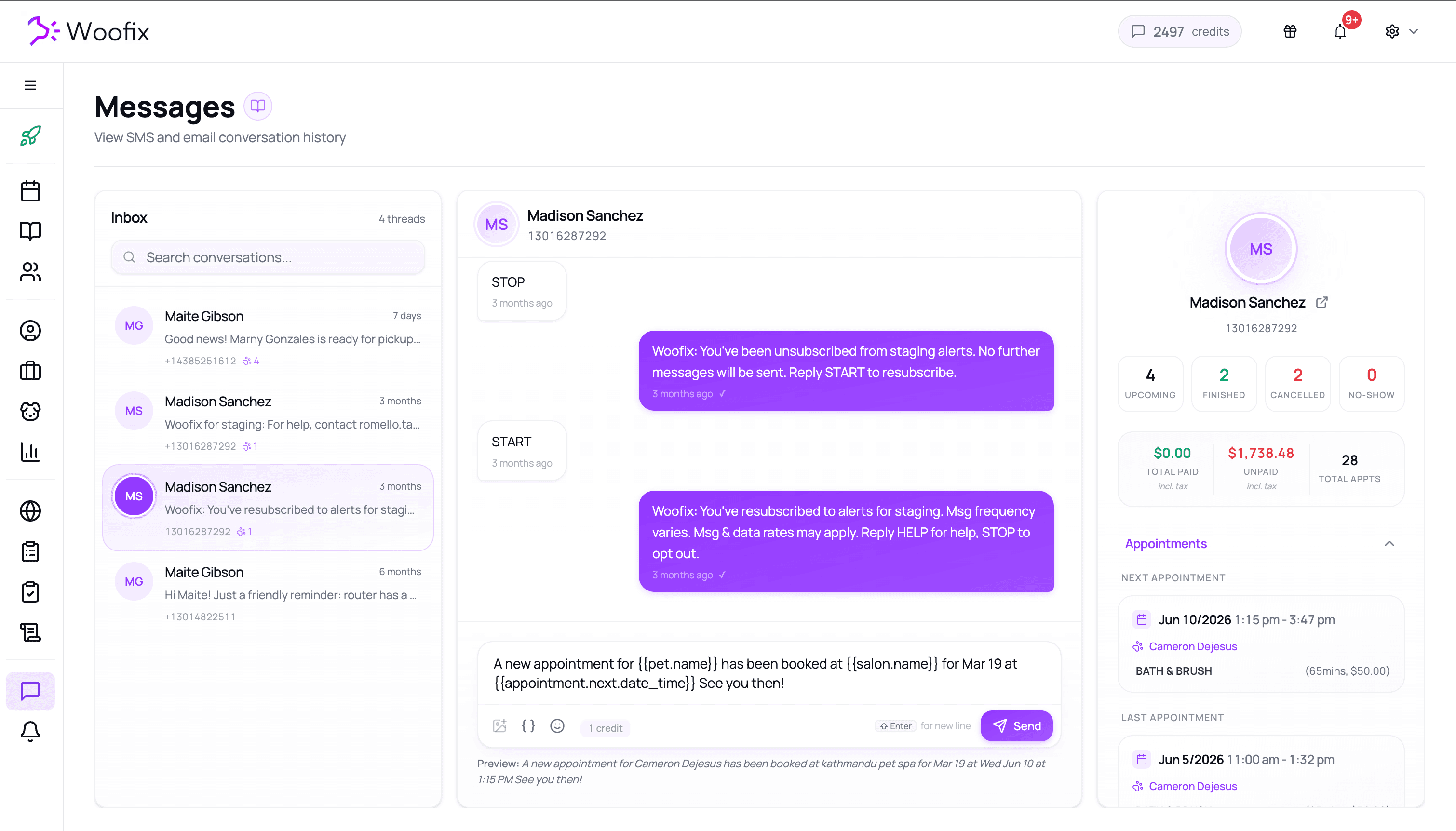 Two-way messaging inbox with client conversations and reminder templates