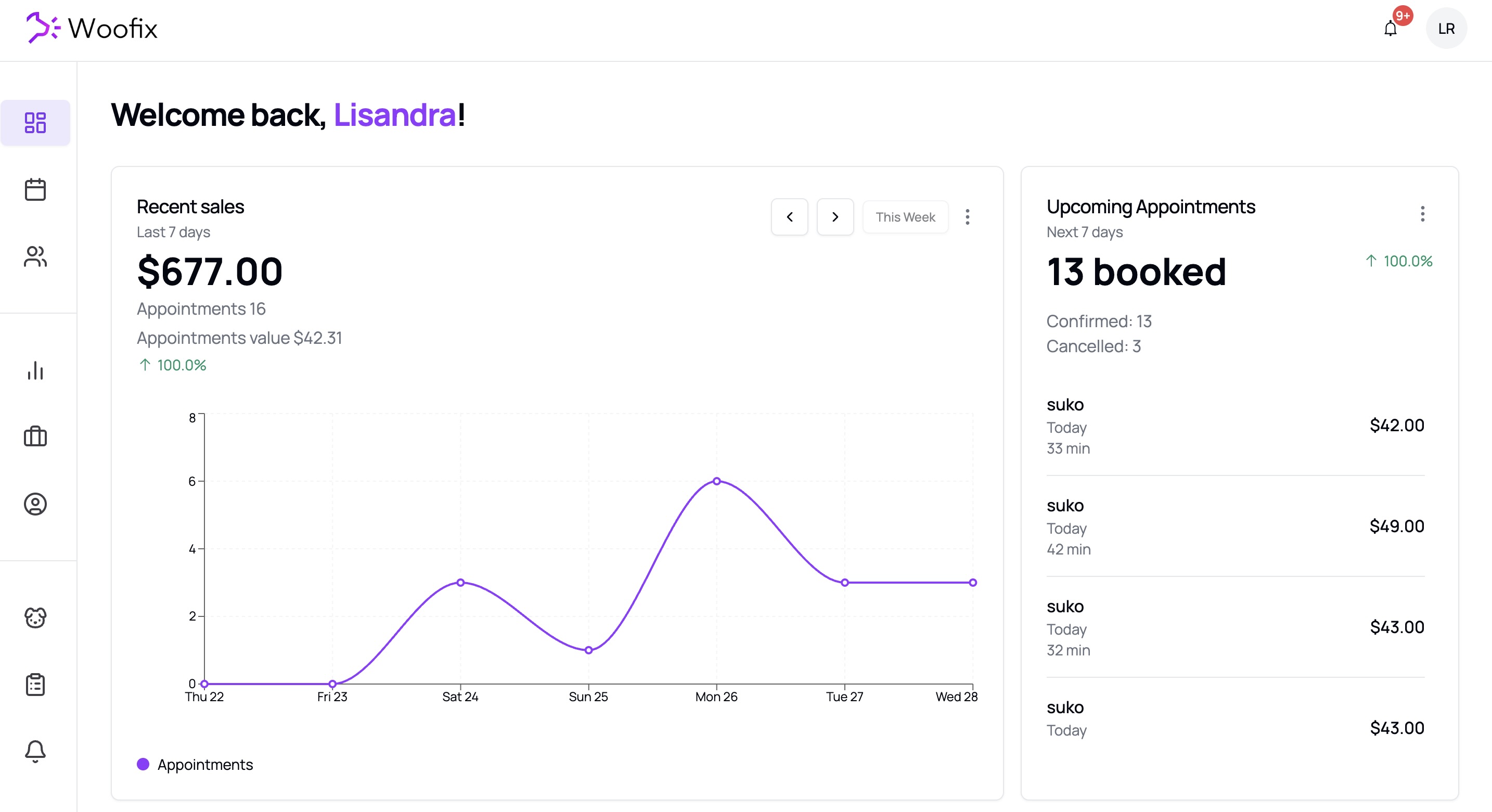 Woofix Dashboard Preview - Modern pet grooming business management software